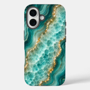 Luxe Turquoise Agaat Marmer met Gouden Aders iPhone 16 Hoesje