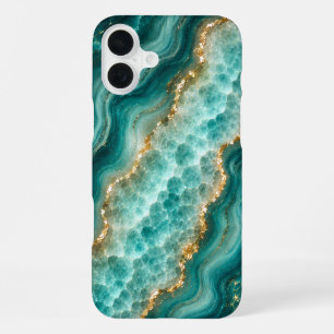 Luxe Turquoise Agaat Marmer met Gouden Aders iPhone 16 Plus Hoesje
