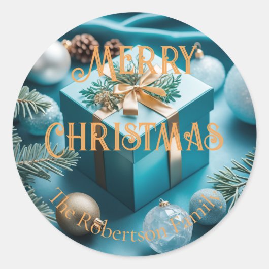 Luxe Turquoise Blauw & Gouden Kerstcadeaus Ronde Sticker (Voorkant)