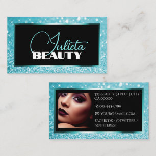 Luxe Turquoise Blauwe Glitter Foto Sjabloon Visitekaartje