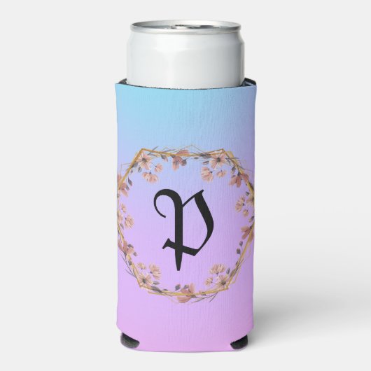 Luxe Turquoise bloemengradiënt monogram naam Seltzer Blikjeskoeler (Seltzer Voorkant)