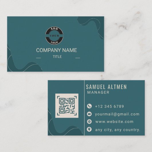 Luxe Turquoise en Crème Professioneel QR Code Visitekaartje (Voorkant / Achterkant)