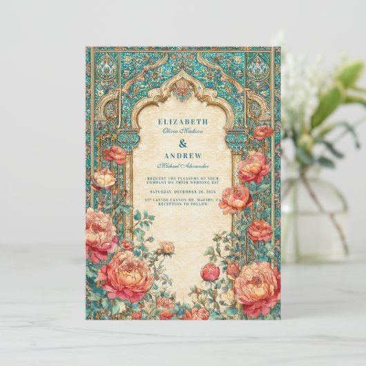 Luxe turquoise en gouden Roos bruiloft Kaart (Staand voorkant)