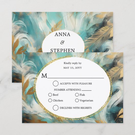 Luxe Turquoise Gold Brushstroke RSVP Kaartje (Voorkant / Achterkant)