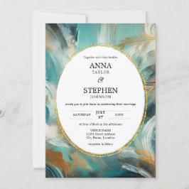 Luxe Turquoise Gold Brushstroke Wedding Kaart