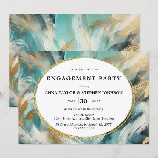 Luxe Turquoise Gold Brushstrokes Engagement Party Kaart (Voorkant / Achterkant)