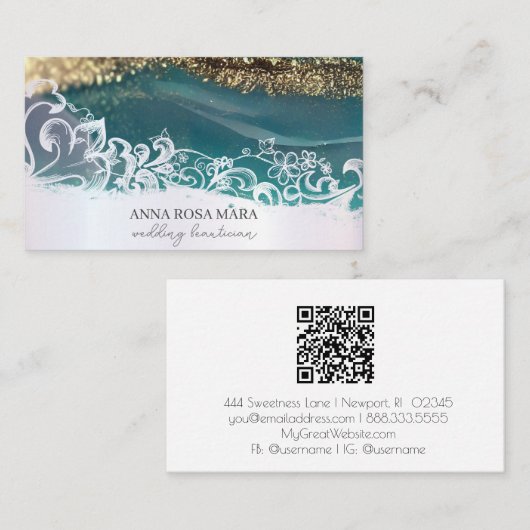 *~* Luxe Turquoise Goud Wit QR Agaat AP66 Glam Visitekaartje (Voorkant / Achterkant)