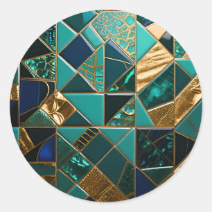 Luxe Turquoise Gouden Geometrisch Mozaïekpatroon Ronde Sticker