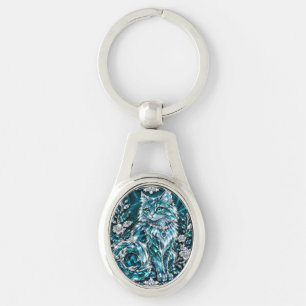 Luxe Turquoise Kristallen Kat Zilveren Frame Sleutelhanger