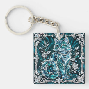 Luxe Turquoise Kristallen Kat Zilveren Frame Sleutelhanger