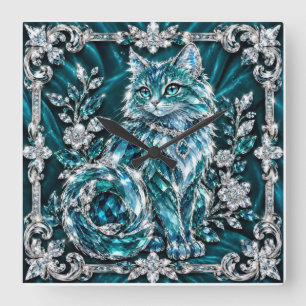 Luxe Turquoise Kristallen Kat Zilveren Frame Vierkante Klok