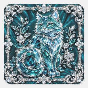 Luxe Turquoise Kristallen Kat Zilveren Frame Vierkante Sticker