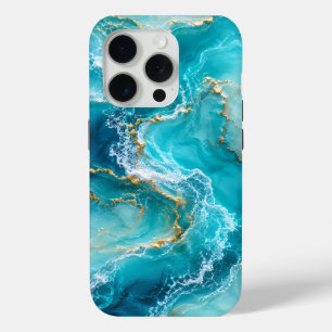 Luxe Turquoise Oceaan Marmer met Gouden Folie Golv iPhone 15 Pro Case