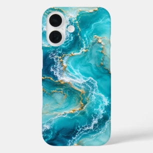 Luxe Turquoise Oceaan Marmer met Gouden Folie Golv iPhone 16 Hoesje