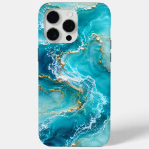 Luxe Turquoise Oceaan Marmer met Gouden Folie Golv iPhone 15 Pro Max Hoesje