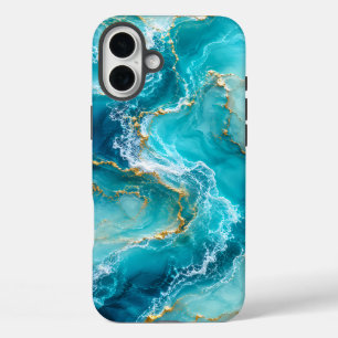 Luxe Turquoise Oceaan Marmer met Gouden Folie Golv iPhone 16 Plus Hoesje