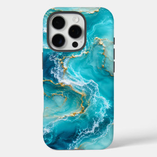 Luxe Turquoise Oceaan Marmer met Gouden Folie Golv iPhone 16 Pro Hoesje