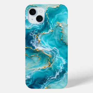 Luxe Turquoise Oceaan Marmer met Gouden Folie Golv iPhone 15 Mini Hoesje