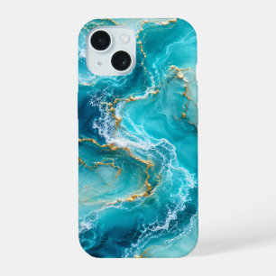 Luxe Turquoise Oceaan Marmer met Gouden Folie Golv iPhone 15 Case