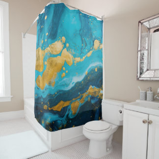 Luxe Turquoise Teal Blauw en Goud Vloeiende Marmer Douchegordijn