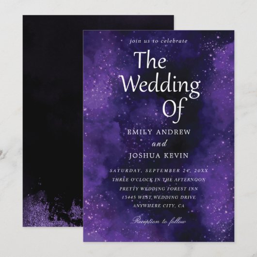 luxe uitnodigingen voor een zwarte en paarse bruil (Voorkant / Achterkant)