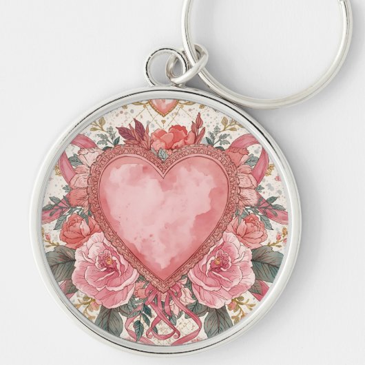 Luxe, Valentijn, Roze Hart Liefde , Bloemen Patroo Sleutelhanger (Voorkant)