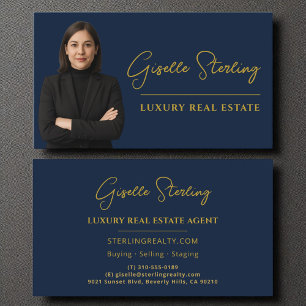 Luxe Vastgoed Marine Blauw Goud Script Visitekaartje