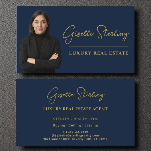 Luxe Vastgoed Marine Blauw Goud Script Visitekaartje