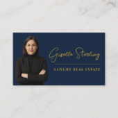 Luxe Vastgoed Marine Blauw Goud Script Visitekaartje (Voorkant)