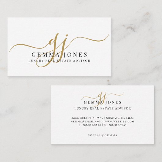 Luxe Vastgoedadviseur Gouden Script Monogram Visitekaartje (Voorkant / Achterkant)