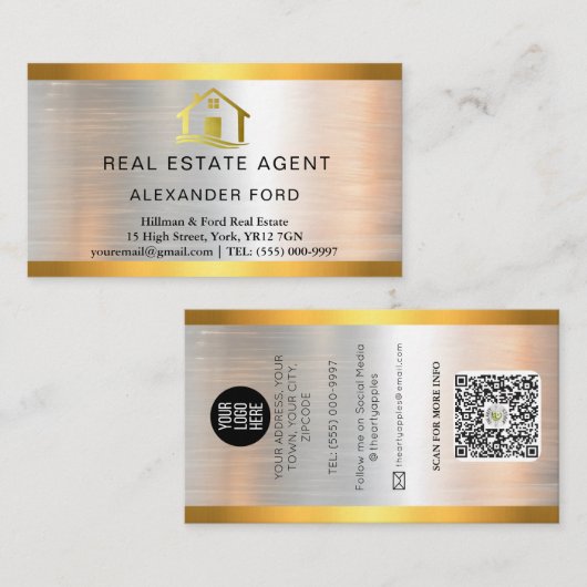 Luxe Vastgoedmakelaar zilver Metallic Gold Visitekaartje (Voorkant / Achterkant)