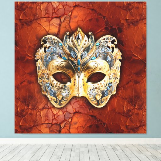 Luxe Venetiaans masker op rood-roest achtergrond Canvas Afdruk (Insitu (Houten vloer))
