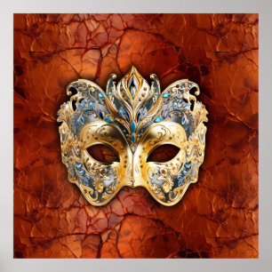 Luxe Venetiaans masker op rood-roest achtergrond Poster