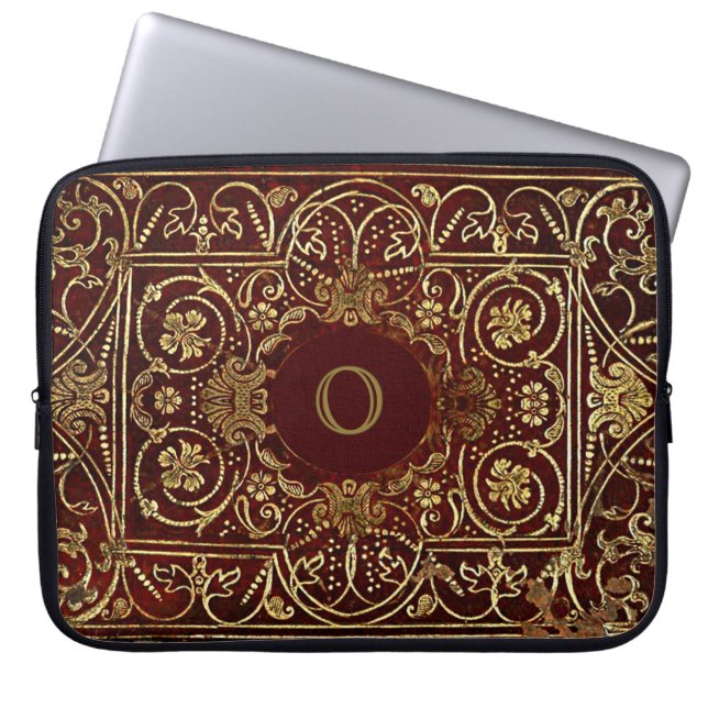 Luxe vergulden op leren monogram laptop sleeve (Voorkant)