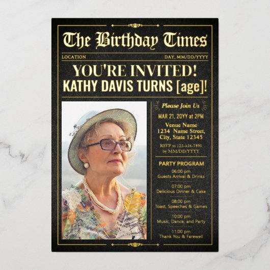 Luxe Verjaardagskrant Nodig Programma Folie Kaart  (Voorkant)