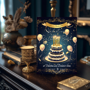 Luxe verjaardagstaart Elegant goud en marineblau Kaart