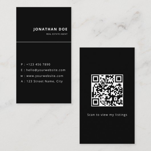 Luxe Vertical Zwart QR Code Makelaar  Visitekaartje (Voorkant / Achterkant)