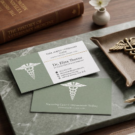 Luxe Veterinaire DVM Caduceus Saliegroen Dubbelzij Visitekaartje