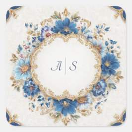 Luxe Victoriaans Blauw en Goud Bloemontwerp Vierkante Sticker