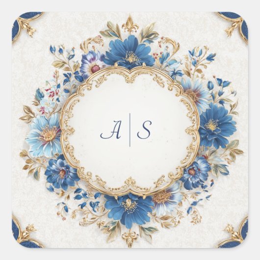 Luxe Victoriaans Blauw en Goud Bloemontwerp Vierkante Sticker (Voorkant)