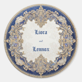 Luxe Victoriaans Blauw Goud Sierlijk Filigraan Huw Ronde Sticker