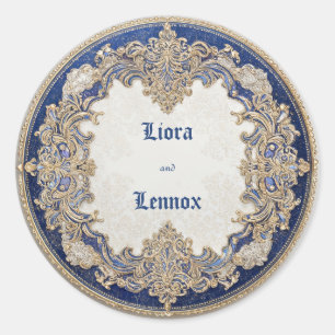 Luxe Victoriaans Blauw Goud Sierlijk Filigraan Huw Ronde Sticker