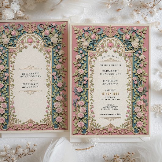 Luxe Victoriaans bruiloft roze rozen & goud Kaart