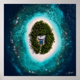 Luxe villa op ovaleiland vanuit satellietzicht poster