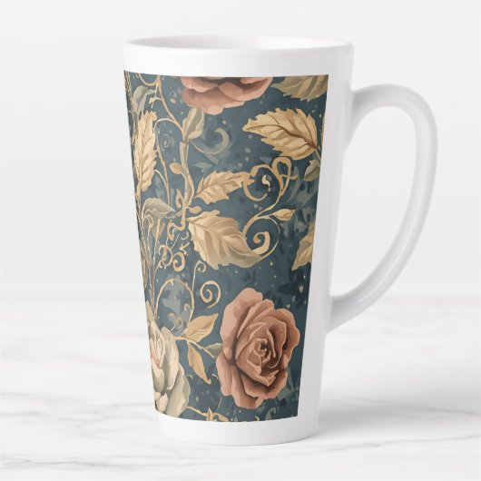 Luxe, vintage rozentuin, blauwe achtergrond latte mok (Rechts)