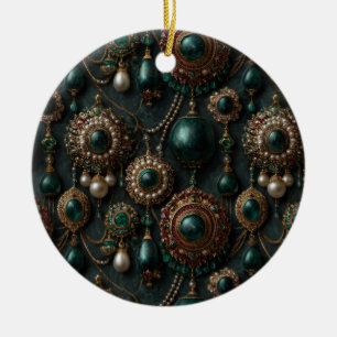 Luxe Vintage Smaragd en Parel Sieraden Patroon Keramisch Ornament