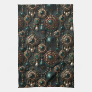 Luxe Vintage Smaragd en Parel Sieraden Patroon Theedoek