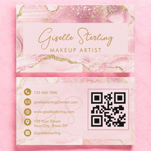 Luxe Visagist Blush Roze Goud Agaat QR Code Visitekaartje