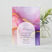 Luxe vloeiende Paarse en gouden inkt bruiloft Kaart (Staand voorkant)