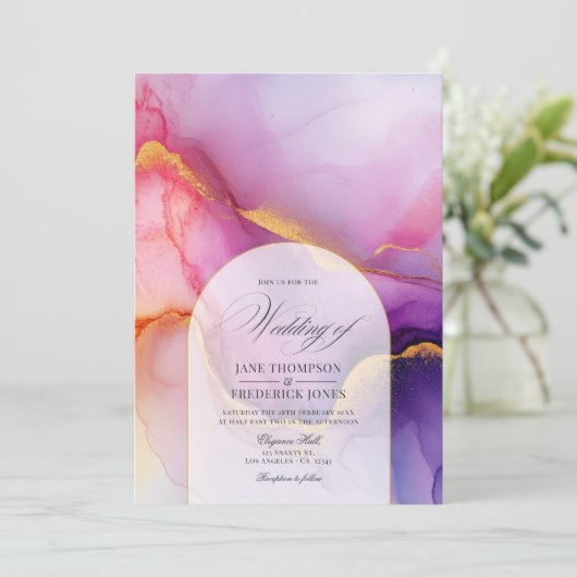 Luxe vloeiende Paarse en gouden inkt bruiloft Kaart (Staand voorkant)